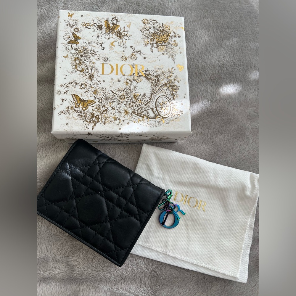 DIOR Lambskin Cannage Mini Lady Dior Wallet w/ RARE Iridescent Metallic Charms